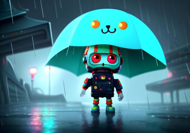 A robot with an umbrella that says'hello kitty'on it