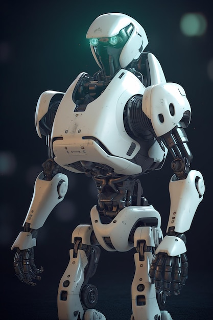 A robot with a white body and a black background.