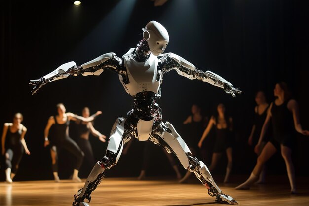 Photo a robot with a white face and black pants on it is performing a dance routine