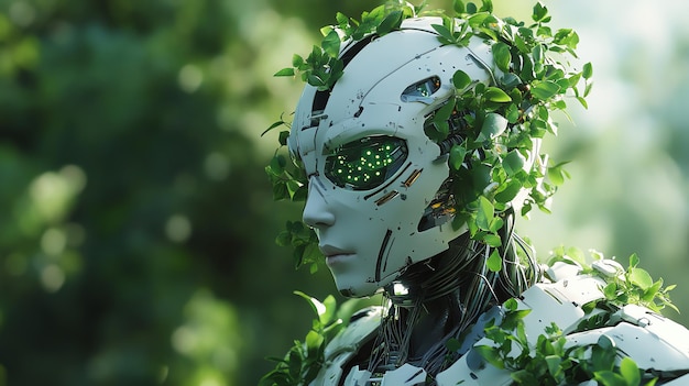 Photo a robot with a white metallic body and green foliage growing on it standing in a forest the robot has a feminine appearance and green glowing eyes