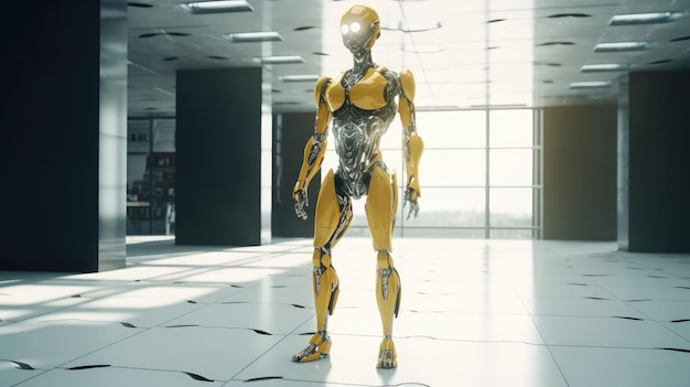 A robot with a yellow body stands in a dark room.