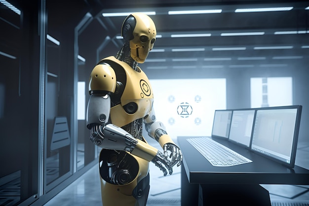 A robot with a yellow body stands in front of a laptop.