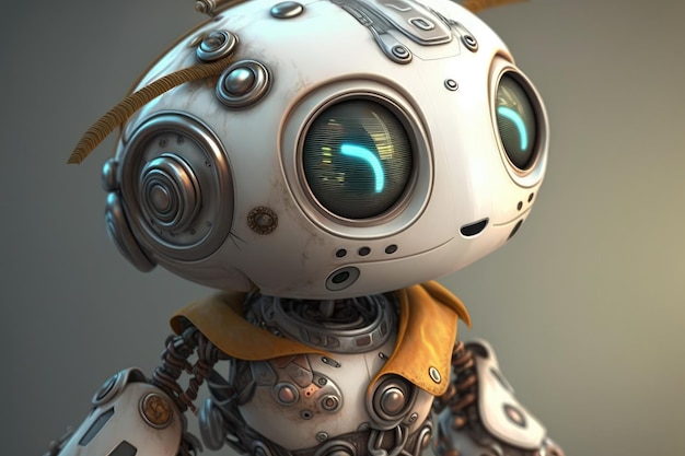 A robot with a yellow collar and a yellow collar.