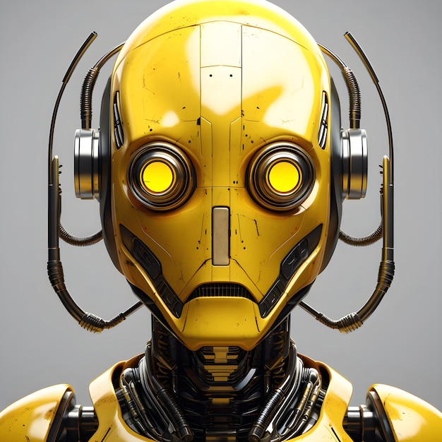 A robot with a yellow face and the word robot on the front.