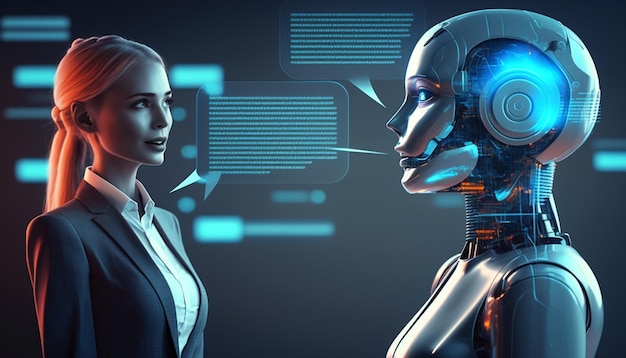 A robot and a woman facing each other