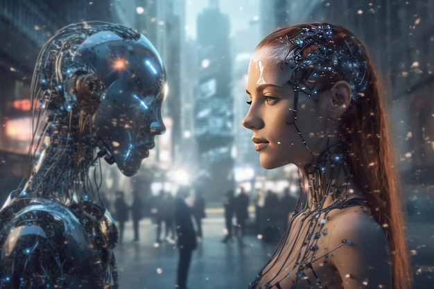 A robot and a woman look at each other in a city.