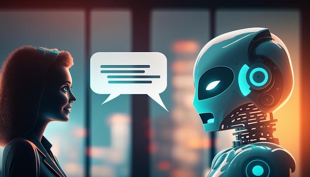 A robot and a woman talking to each other.