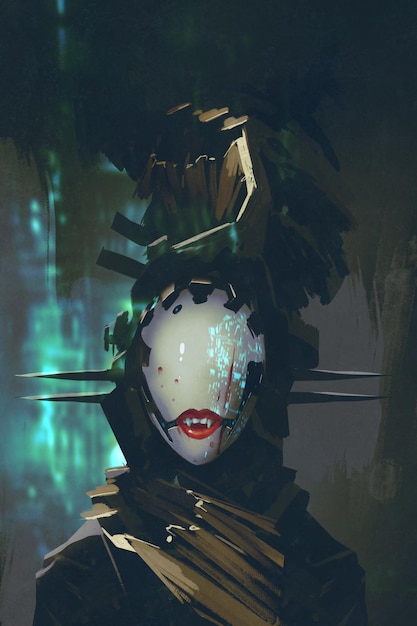 robot woman with artificial face,futuristic concept,illustration painting