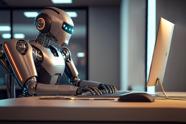 Robot working on his office computer business performance Generative AI