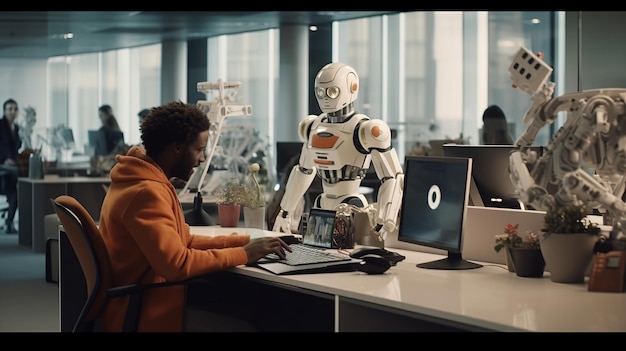 A robot working in a modern office with real people Generative AI