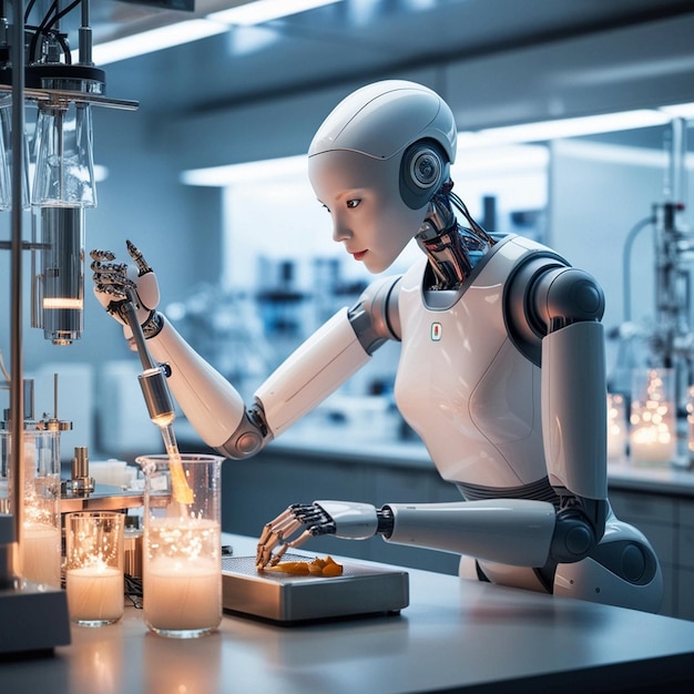 Photo a robot working with a bottle of liquid in a laboratory