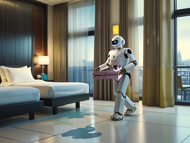 Robot works on room service delivering bags to hotel rooms