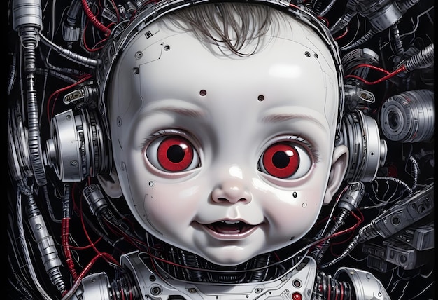 Photo robotic ai baby child with red eyes agi representation artificial general intelligence