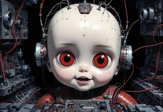 Photo robotic ai baby child with red eyes agi representation artificial general intelligence