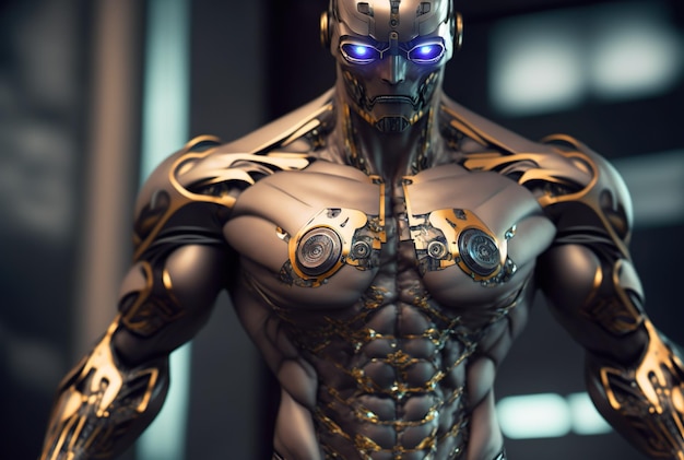 Robotic Android make bodybuilding glowing eyes generative ai