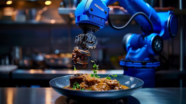 Photo robotic arm artistically plating braised meat the future of gourmet presentation