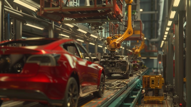 Photo robotic arm assembling cars on an automated production line