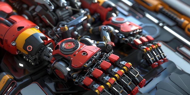 Photo robotic arm assembling parts on production line