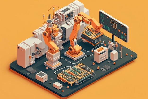 Robotic Arm Assembling Printed Circuit Boards in a HighTech Manufacturing Plant