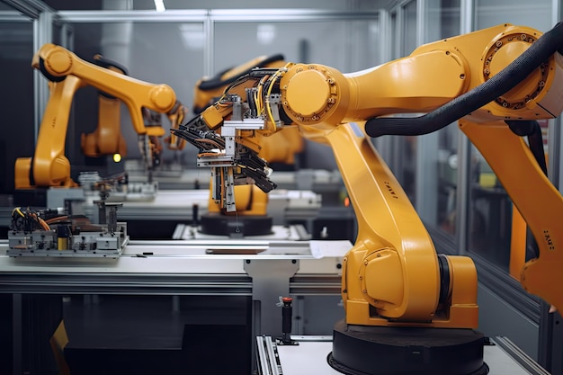 Robotic arm assembling widgets on factory line