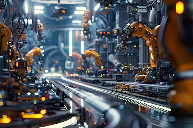 Robotic Arm in a Bustling Factory Assembling Products on a Conveyor Belt