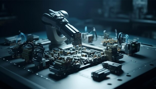 Robotic arm connects computer chip on motherboard generated by AI