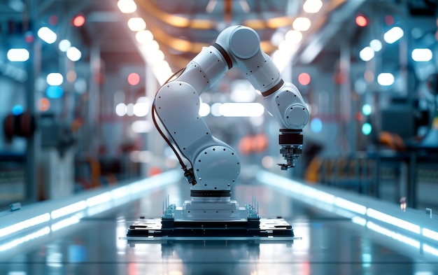 A robotic arm on a conveyor belt in a factory reaches towards a glowing control panel