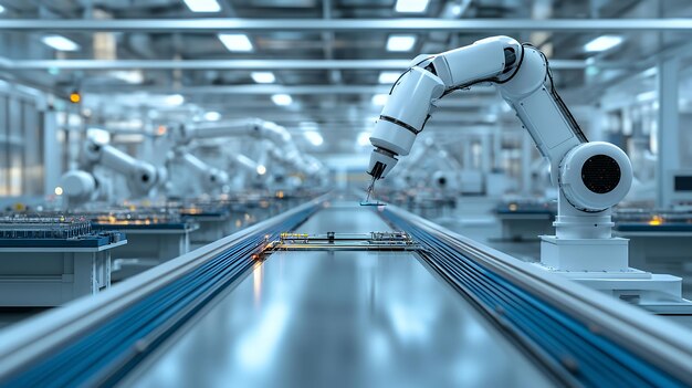 Robotic arm on a factory assembly line with blue rollers and a blurred background of other robotic arms