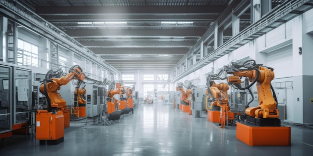 Robotic arm in factory production line controlled by computer software