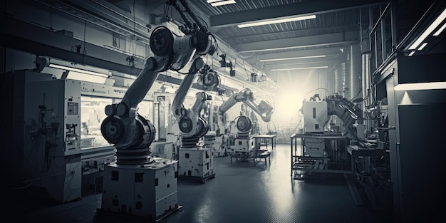 Robotic arm in factory production line controlled by computer software