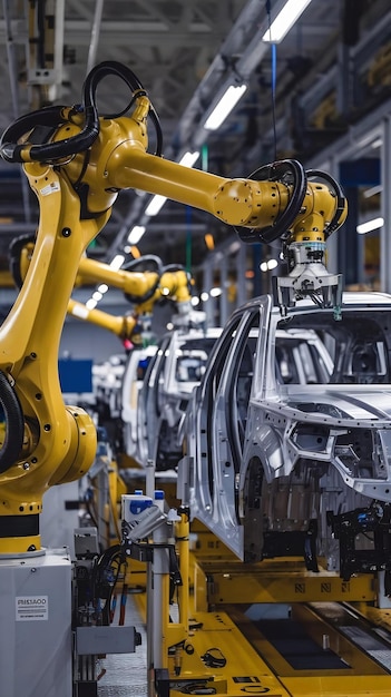 Photo robotic arm in factory production line controlled by computer software