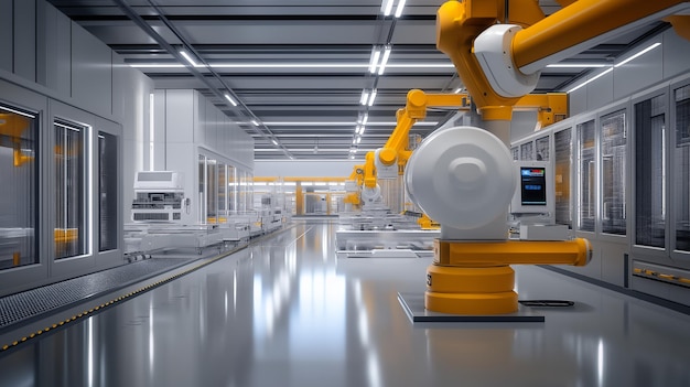 A robotic arm in a futuristic industrial factory