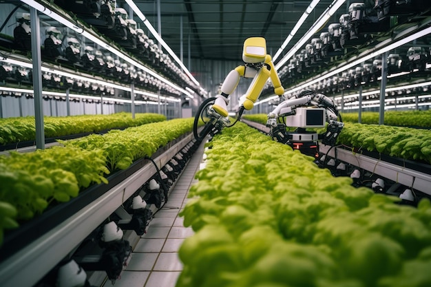 Robotic arm harvesting green lettuce in a greenhouse generative ai