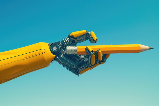 Photo robotic arm holding pencil against blue sky