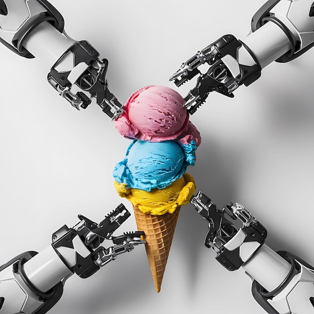 A Robotic Arm Masterfully Assembles a Colorful TripleScoop Ice Cream Cone