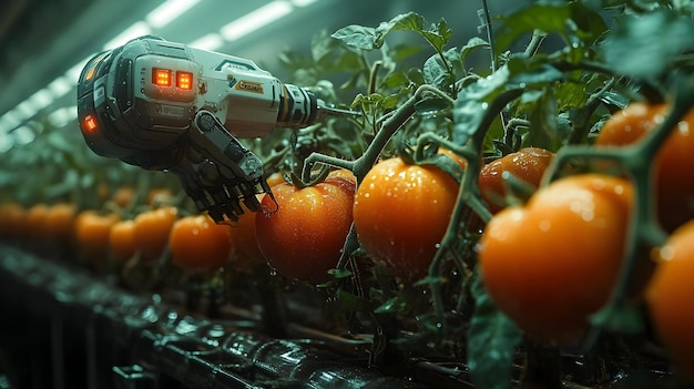 Robotic Arm Picking Ripe Tomatoes in a Greenhouse Illustration