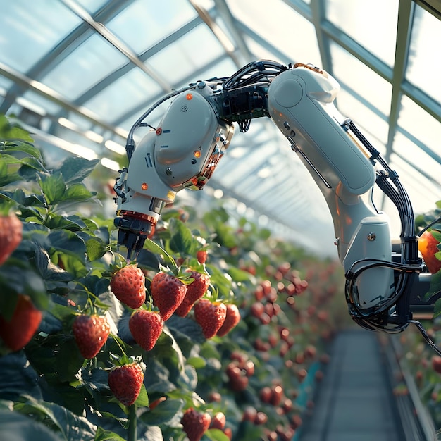 Robotic Arm Picking Strawberries in a Greenhouse 3D Illustration