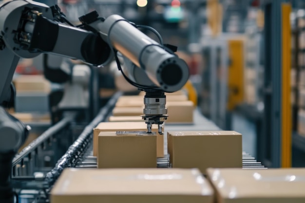 Photo robotic arm picking up cardboard boxes on conveyor belt in industrial setting