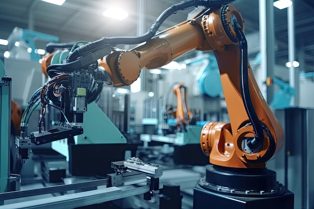 Robotic arm picking up piece of machinery from assembly line