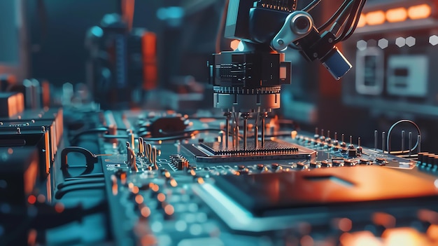 A robotic arm places a computer chip onto a circuit board