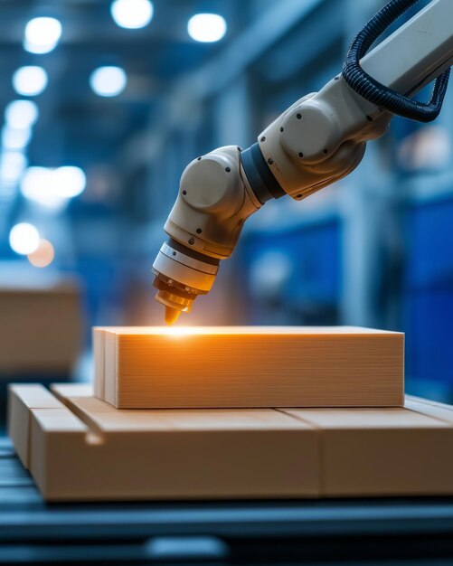 Photo robotic arm placing a package on a conveyor belt in a factory