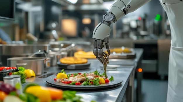 Photo a robotic arm plating a gourmet dish in a modern kitchen