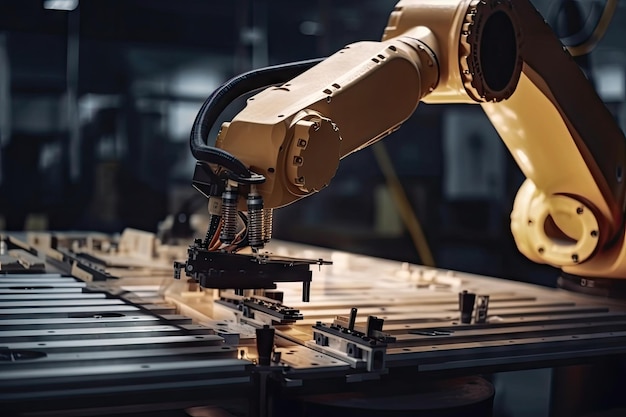 Robotic arm preparing to attach final component of a product on assembly line