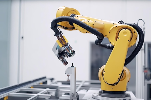 Robotic arm preparing to attach final component of a product on assembly line