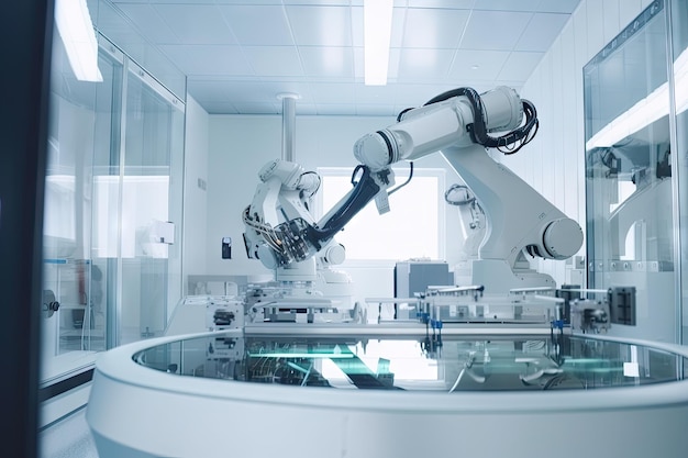 Robotic arm reaching into cleanroom and retrieving delicate equipment