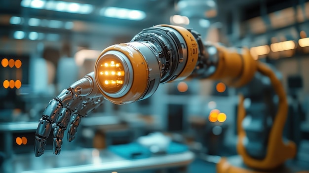 Photo robotic arm reaching out in industrial setting