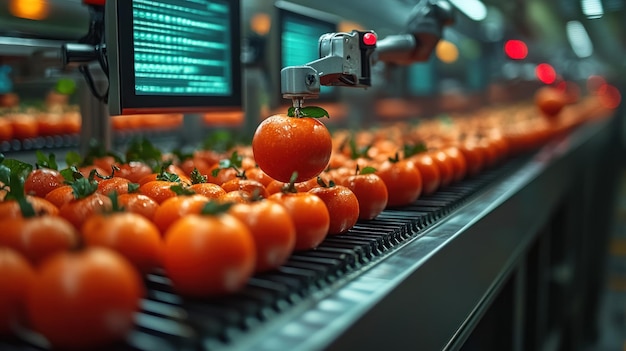 Photo a robotic arm sorts oranges on a conveyor belt in a modern factory