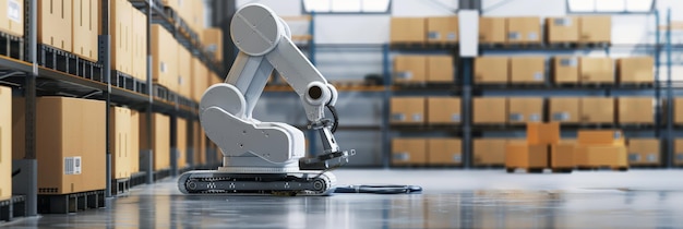 Photo robotic arm in a warehouse managing packages illustrating logistics automation and efficient warehouse operations