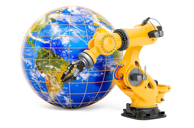 Robotic arm with Earth Globe Global Automation Technologies concept 3D rendering