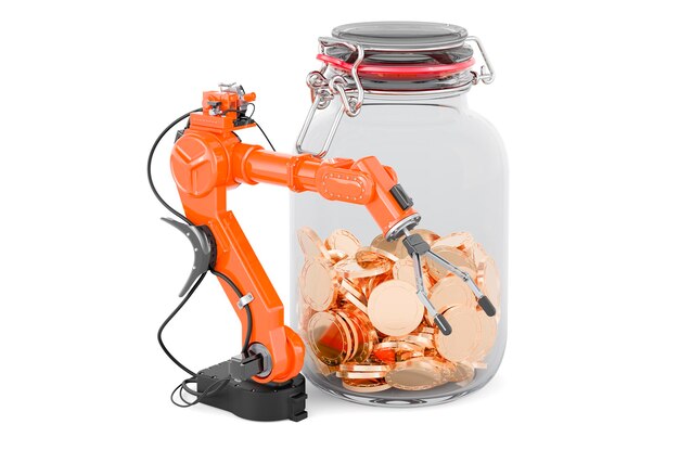 Robotic arm with jar full of golden coins 3D rendering